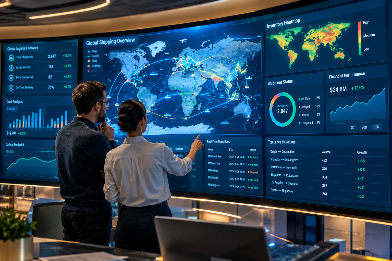 Supply chain software comparison dashboard showing ERP, OMS, and WMS data for logistics executives